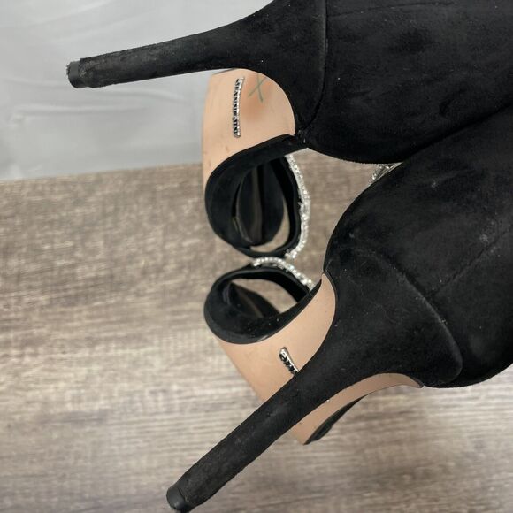 Gianni Bini Size 6.5 Leather Vivvia Rhinestone Jewel Chain Heels Open Toe Black - Picture 5 of 7